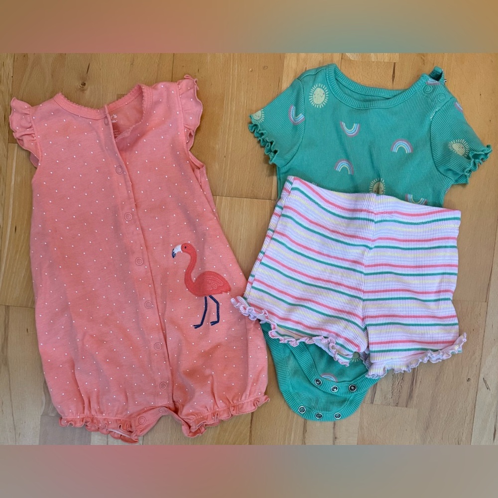 2 Outfits: Pastel shorts with short sleeve bodysuit and peach bubble romper